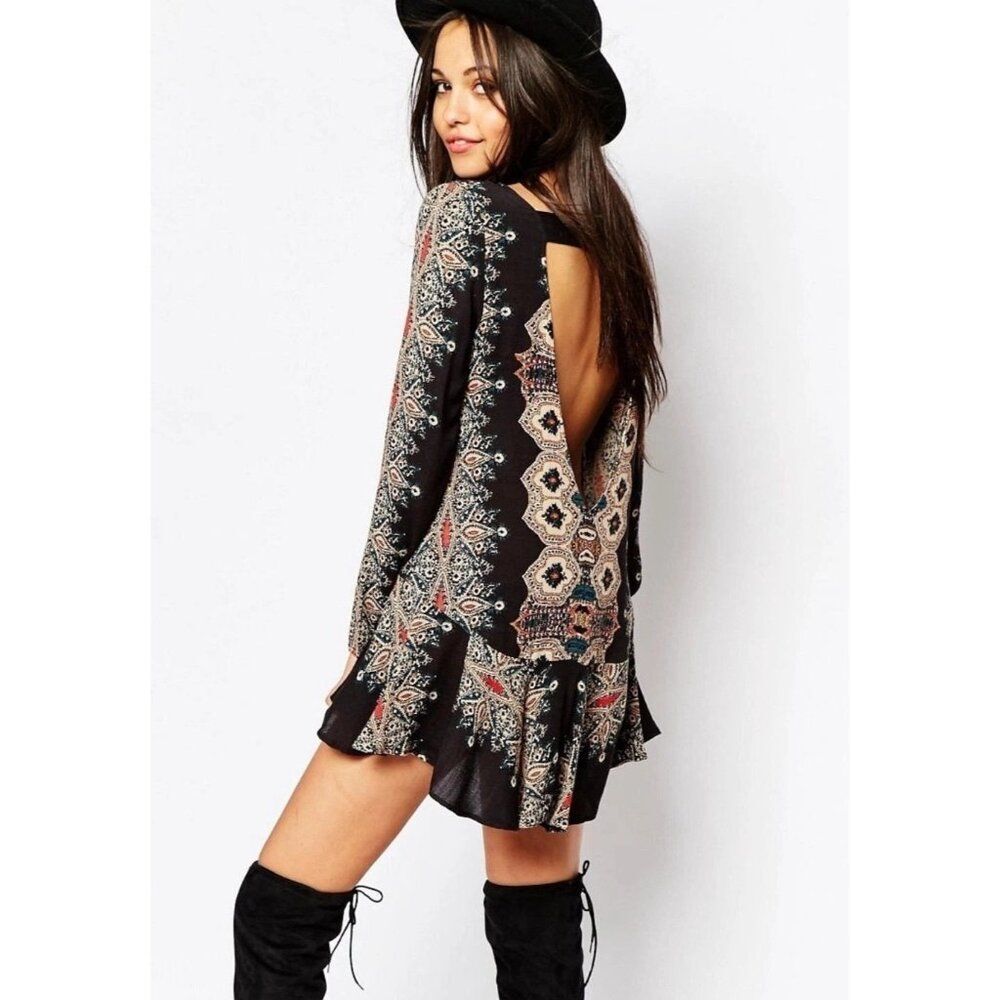 Free People Black Paisley-Print Long Sleeve Mini Dress - Picture 8 of 9